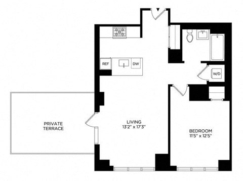 Floor plan for 1 bed, 1 bath, 752 sqft