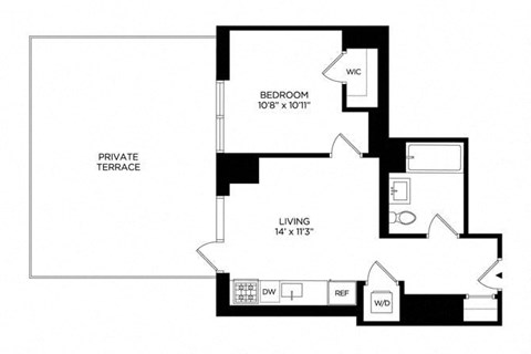 Floor plan for 1 bed, 1 bath, 532 sqft