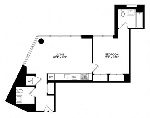 Floor plan for 1 bed, 1.5 baths, 761 sqft