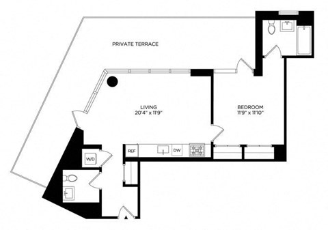 Floor plan for 1 bed, 1.5 baths, 761 sqft