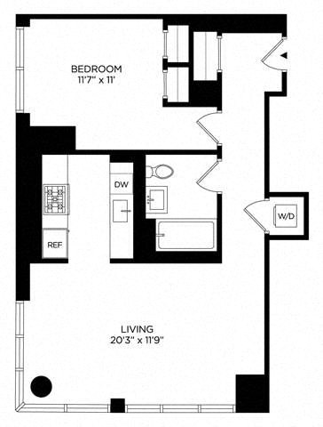 Floor plan for 1 bed, 1 bath, 762 sqft