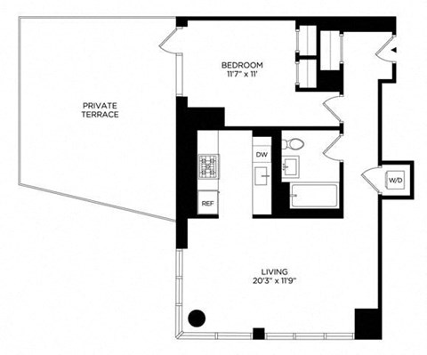 Floor plan for 1 bed, 1 bath, 762 sqft