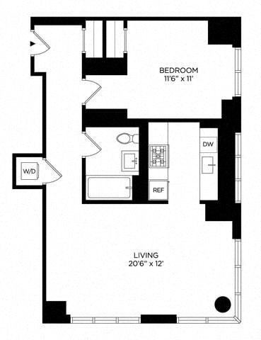 Floor plan for 1 bed, 1 bath, 765 sqft
