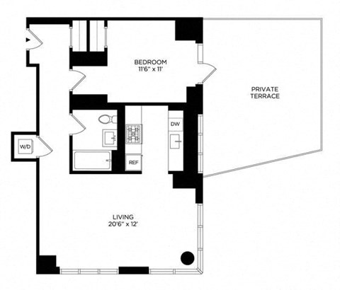 Floor plan for 1 bed, 1 bath, 765 sqft