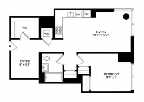 Floor plan for 1 bed, 1 bath, 777 sqft