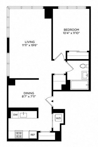 Floor plan for 1 bed, 1 bath, 779 sqft