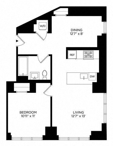 Floor plan for 1 bed, 1 bath, 787 sqft