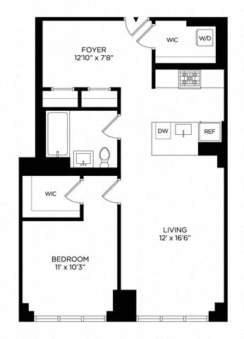 Floor plan for 1 bed, 1 bath, 787 sqft