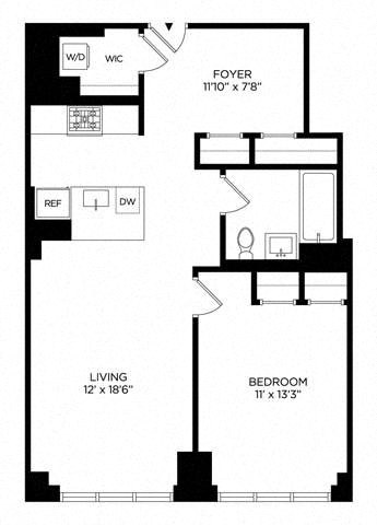 Floor plan for 1 bed, 1 bath, 791 sqft