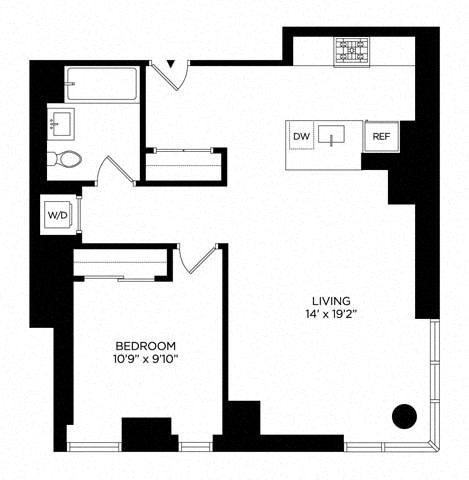 Floor plan for 1 bed, 1 bath, 806 sqft
