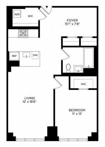 Floor plan for 1 bed, 1 bath, 827 sqft