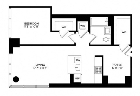 Floor plan for 1 bed, 1 bath, 834 sqft
