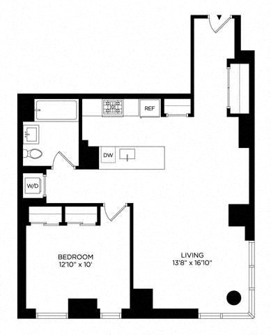 Floor plan for 1 bed, 1 bath, 836 sqft