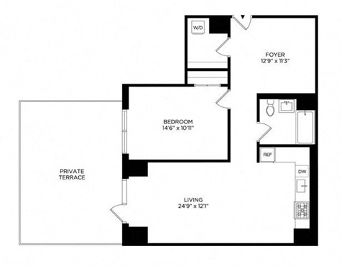 Floor plan for 1 bed, 1 bath, 893 sqft