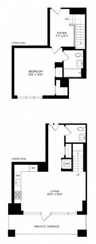 Floor plan for 1 bed, 1.5 baths, 983 sqft