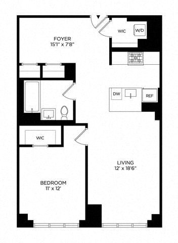 Floor plan for 1 bed, 1 bath, 834 sqft