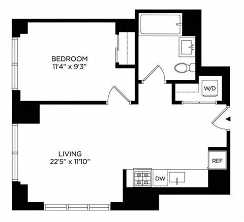 Floor plan for 1 bed, 1 bath, 563 sqft