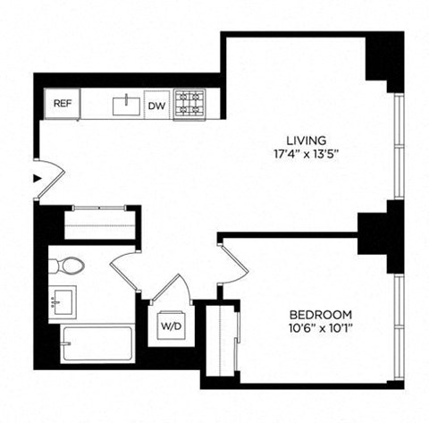 Floor plan for 1 bed, 1 bath, 579 sqft