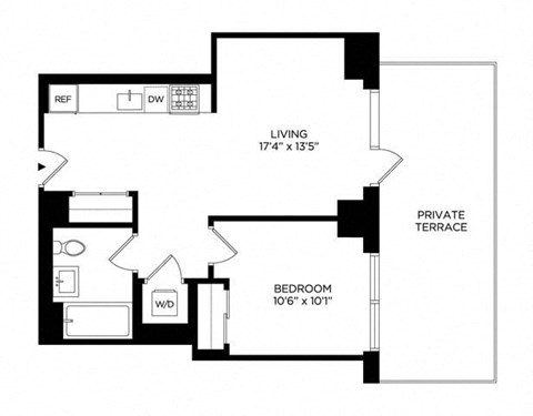 Floor plan for 1 bed, 1 bath, 579 sqft