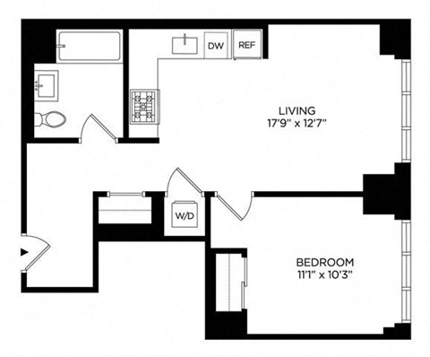 Floor plan for 1 bed, 1 bath, 603 sqft