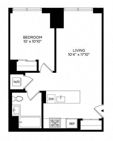 Floor plan for 1 bed, 1 bath, 609 sqft