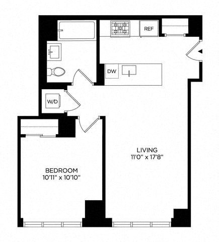 Floor plan for 1 bed, 1 bath, 613 sqft