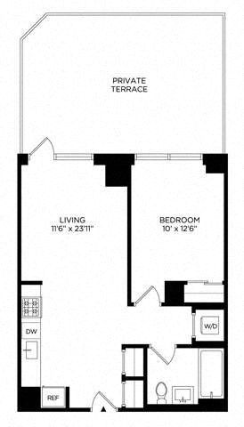 Floor plan for 1 bed, 1 bath, 622 sqft