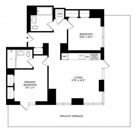 Floor plan for 2 beds, 2 baths, 976 sqft