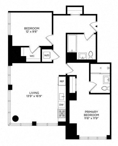 Floor plan for 2 beds, 2 baths, 986 sqft