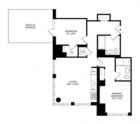 Floor plan for 2 beds, 2 baths, 986 sqft