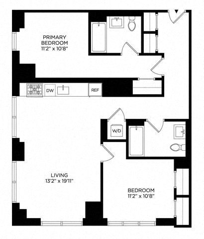 Floor plan for 2 beds, 2 baths, 1014 sqft