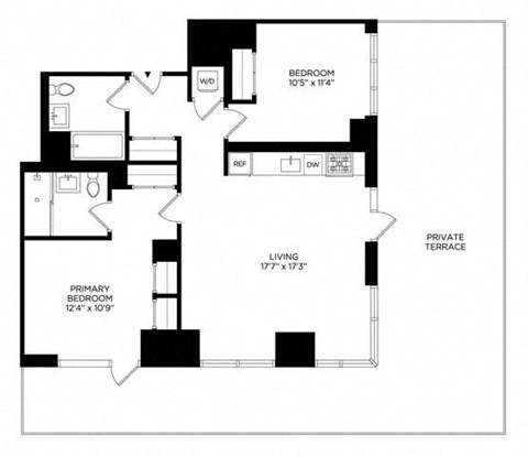 Floor plan for 2 beds, 2 baths, 1019 sqft