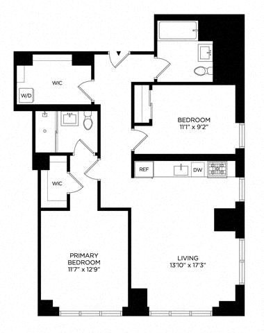 Floor plan for 2 beds, 2 baths, 1026 sqft