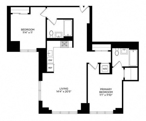 Floor plan for 2 beds, 2 baths, 1033 sqft