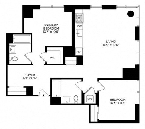 Floor plan for 2 beds, 2 baths, 1053 sqft