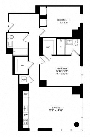 Floor plan for 2 beds, 2 baths, 1116 sqft