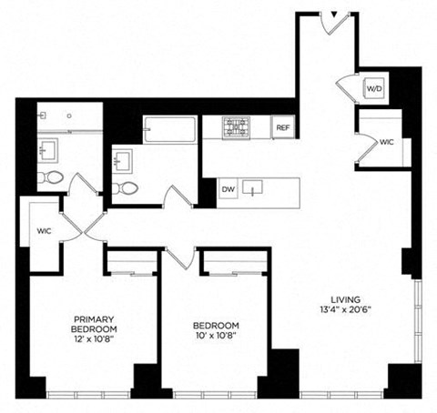 Floor plan for 2 beds, 2 baths, 1125 sqft