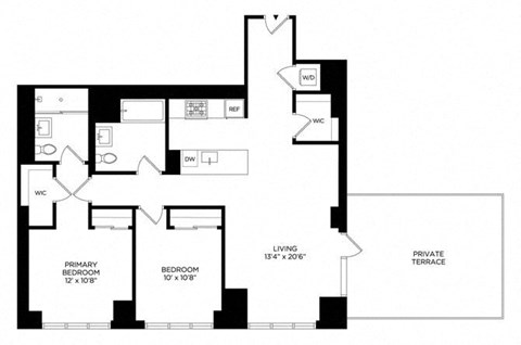 Floor plan for 2 beds, 2 baths, 1125 sqft