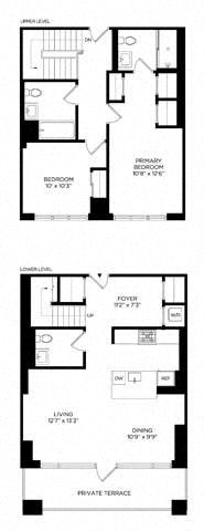 Floor plan for 2 beds, 2.5 baths, 1330 sqft
