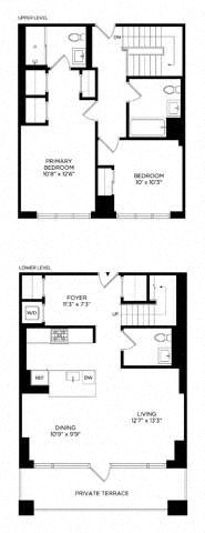 Floor plan for 2 beds, 2.5 baths, 1331 sqft