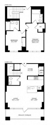 Floor plan for 2 beds, 2.5 baths, 1335 sqft