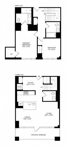 Floor plan for 2 beds, 2.5 baths, 1395 sqft