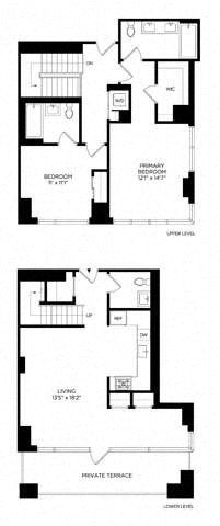 Floor plan for 2 beds, 2.5 baths, 1460 sqft