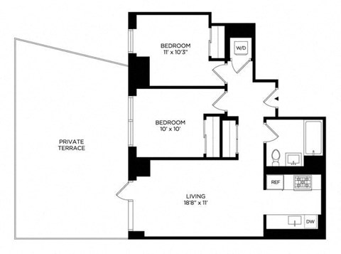 Floor plan for 2 beds, 1 bath, 784 sqft