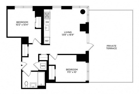 Floor plan for 2 beds, 1 bath, 803 sqft