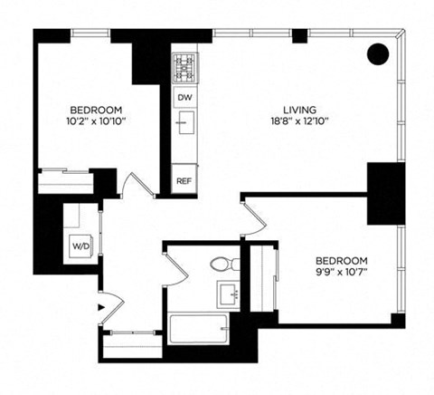 Floor plan for 2 beds, 1 bath, 804 sqft