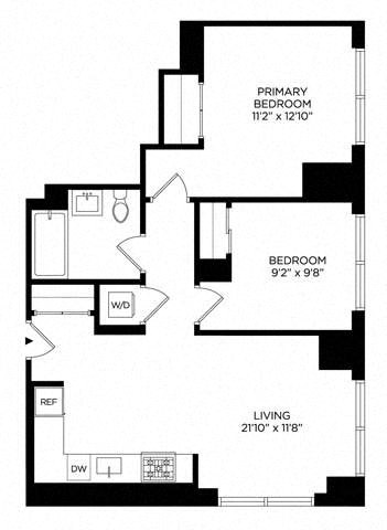 Floor plan for 2 beds, 1 bath, 808 sqft