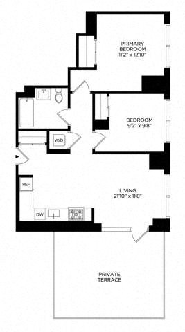 Floor plan for 2 beds, 1 bath, 808 sqft