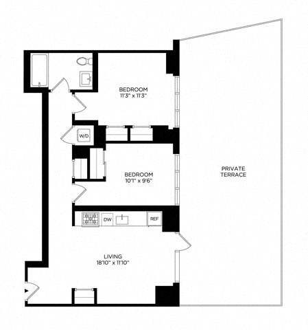 Floor plan for 2 beds, 1 bath, 827 sqft