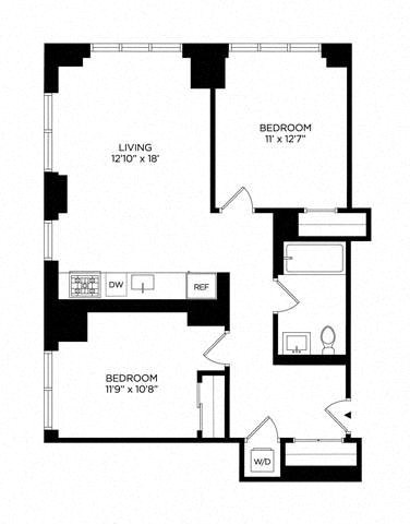 Floor plan for 2 beds, 1 bath, 885 sqft
